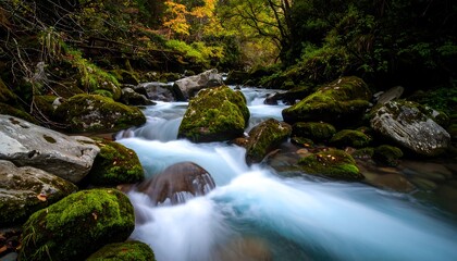 A serene mountain stream flowing through mossy rocks