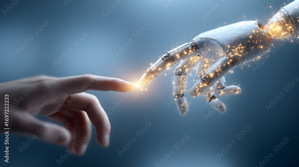 Aufkleber human hand touching robotic hand creating spark of connection