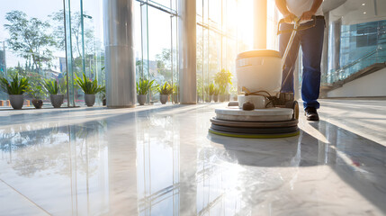 Janitor cleaning floor with polishing machine in modern building