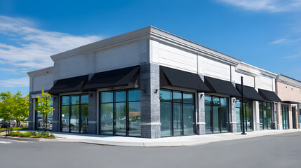 New retail building with black awnings and empty showcases waiting for businesses