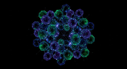 Cluster of Interconnected Green and Purple Dodecahedrons on Black Background.