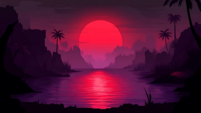 A vibrant, stylized sunset over a mystical, tropical lagoon. Silhouettes of palm trees and dramatic rock formations frame a calm body of water reflecting the fiery red sun