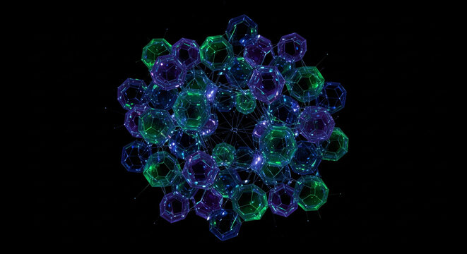 Cluster of Interconnected Green and Purple Dodecahedrons on Black Background.