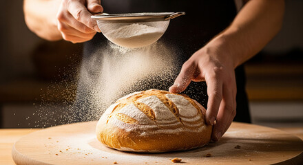 Freshly Baked Bread Being Dusted with Flour.