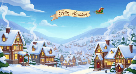 Download christmas village winter scene with santa claus sleigh vector illustration for free project use vector