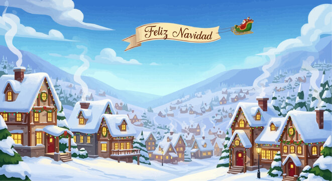 Download christmas village winter scene with santa claus sleigh vector illustration for free project use vector