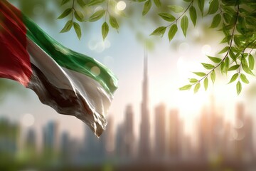 UAE flag in the wind backdrop of Dubai skyscrapers sunlit foliage