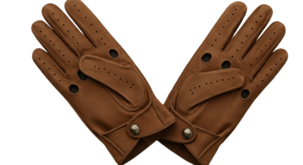 Pair of brown leather driving gloves isolated on transparent background, showcasing classic design and craftsmanship