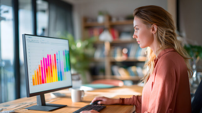 Businesswoman analyzing colorful charts on computer screen in modern office - Powered by Adobe
