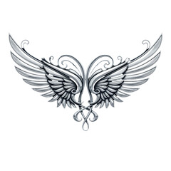 Obraz premium Elegant silver wings design with intricate patterns and curves, suitable for tattoos or art