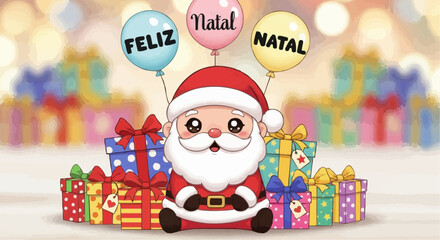 Obraz premium Download feliz natal santa claus with gifts and balloons vector illustration christmas holiday season art vector