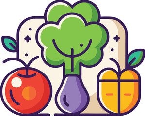 Clean minimal flat line art icon with broccoli, eggplant, and capsicum arranged in harmony.