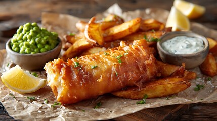 Delicious plate of crispy fish and chips served with peas and lemon wedges on rustic wood
