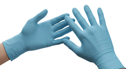 Two hands wearing blue nitrile examination gloves isolated on transparent background, ready for medical procedures
