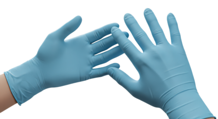 Two hands wearing blue nitrile examination gloves isolated on transparent background, ready for medical procedures