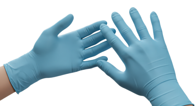 Two hands wearing blue nitrile examination gloves isolated on transparent background, ready for medical procedures
