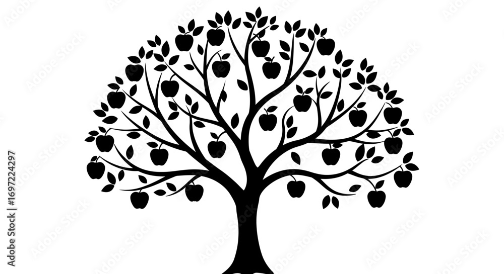 Poster a beautiful apple tree silhouette with a multitude of ripe apples hanging from its branches, present