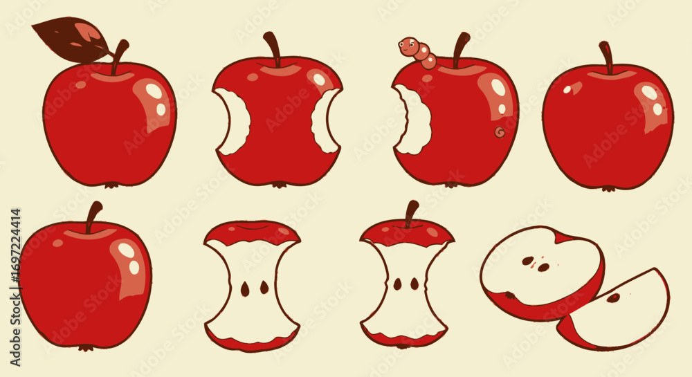Poster A collection of vector illustrations depicting various stages of a red apple, from whole to bitten and sliced, with a small worm.