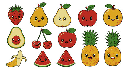 Cute kawaii cartoon fruits vector PNG illustrations: apple, strawberry, pear, pineapple, banana, watermelon, avocado, orange, and cherries, perfect for kids projects, greeting cards, and social media.