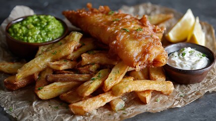 Crispy battered fish fillet served with golden fries, tartar sauce, and green dip on rustic backdrop
