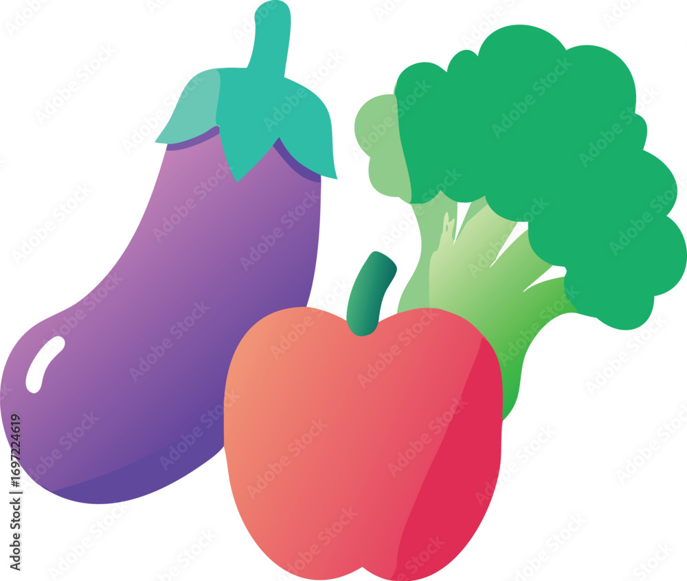 Poster gradient colorful icon of broccoli, capsicum, and eggplant combined with soft rounded edges.