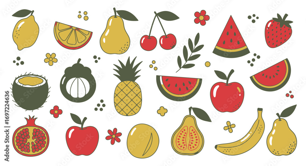 Poster a vibrant vector illustration presents a delightful assortment of colorful fruits, perfect for addin