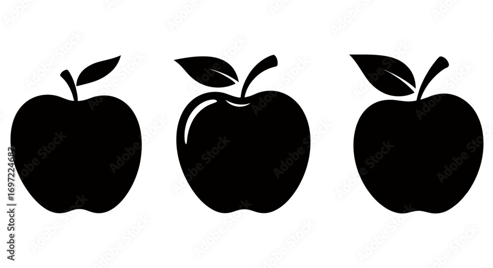 Poster three stylized black apple illustrations in vector format, each with a stem and leaf, presented agai