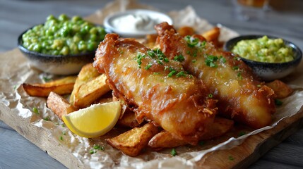 Crispy battered fish fillets served with golden potato wedges, fresh peas, and sauces on a rustic table