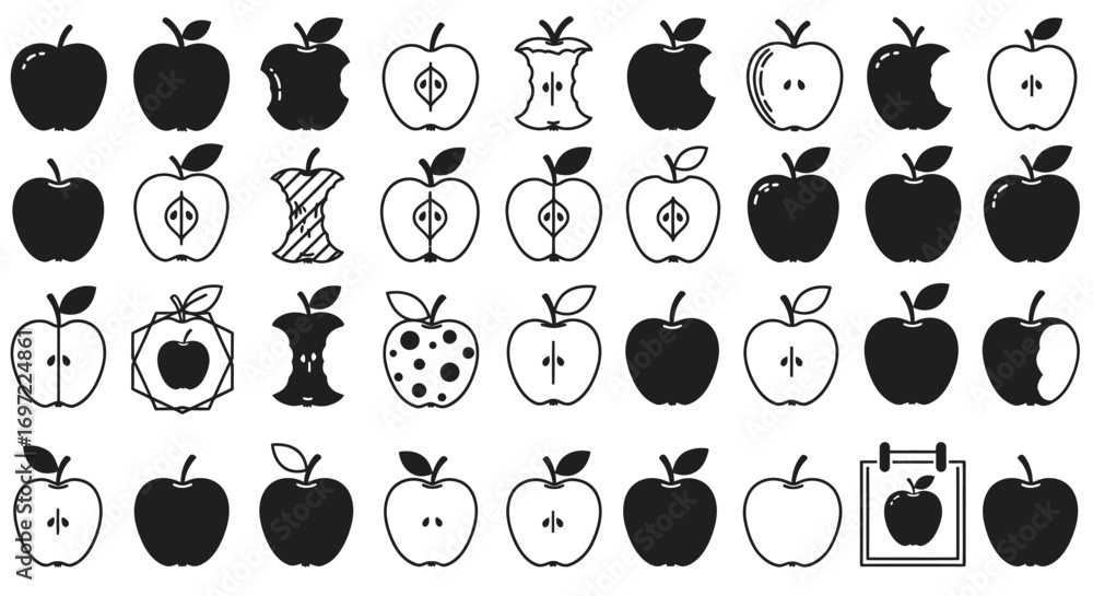 Poster an assortment of apple illustrations in vector format, showcasing whole, sliced, and cored apples in