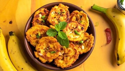 Crispy banana fritters in a bowl