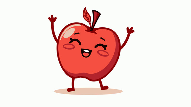 A cheerful, cartoon red apple character with a smiling face and raised arms, depicted in a fun vector illustration style with a transparent PNG background.