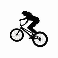 Dynamic female cyclist silhouette performing a bicycle trick, stunt, or jump. Extreme sports and active lifestyle concept isolated.