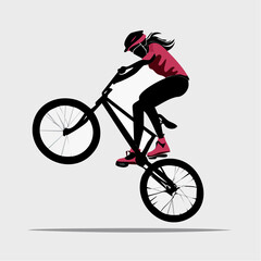 Obraz premium Dynamic vector illustration of a female cyclist performing an acrobatic wheelie on a bike, showcasing extreme sport and active lifestyle