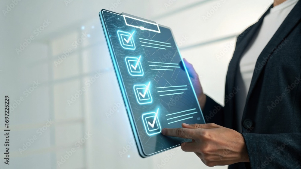 Poster a professional holding a futuristic digital tablet displaying checklists, emphasizing technology and