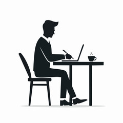 Professional man silhouette working on laptop at desk with coffee cup. Remote work, business, freelancer, online education, office worker.