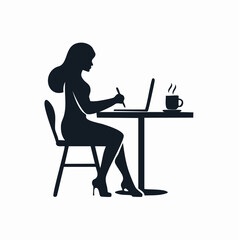Silhouette of a stylish woman working on a laptop at a table with a cup of coffee, representing remote work, freelance, and online business.
