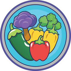 Round badge icon with broccoli, eggplant, and capsicum combined, colorful flat vector.