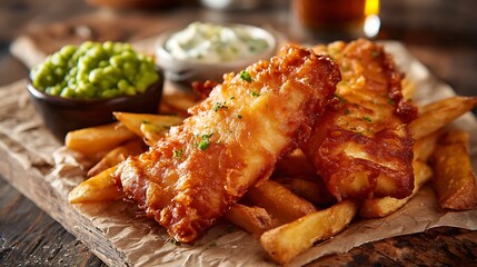 Crispy fried fish and golden chips served with peas and tartar sauce on a rustic wooden table