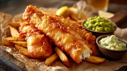 Crispy battered fish fillets served with golden fries, lemon wedges, and dipping sauces on a rustic table