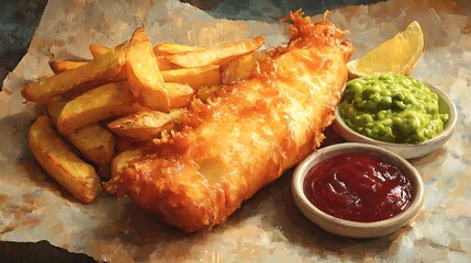 Crispy battered fish fillet served with golden fries, tangy sauces, and a lemon wedge on a rustic table