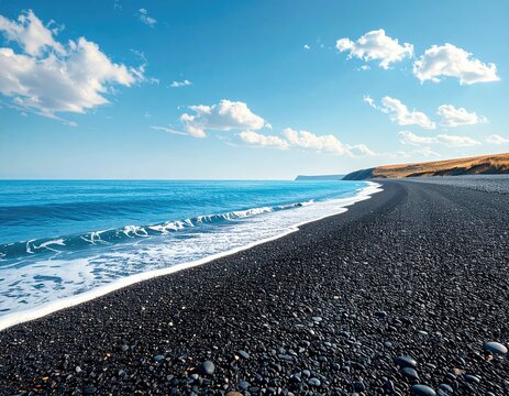 Wide shot of a black pebble beach meeting a turquoise ocean under a partly cloudy sky - Powered by Adobe
