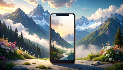 A smartphone displays a picturesque mountain landscape
