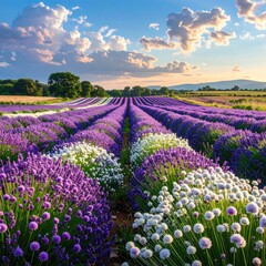Fototapeta premium Lavender field at sunset, vibrant colors (1)