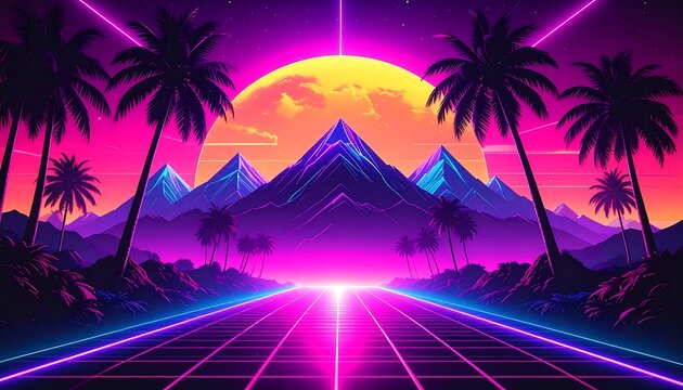 Retro futuristic landscape with neon glow
