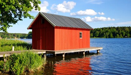Scenic red boathouse reflecting in tranquil waters of Scandinavian lake