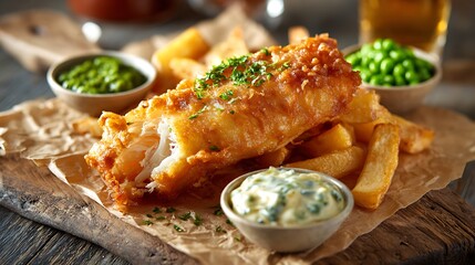 Crispy battered fish with golden fries and vibrant green peas served on rustic wooden table