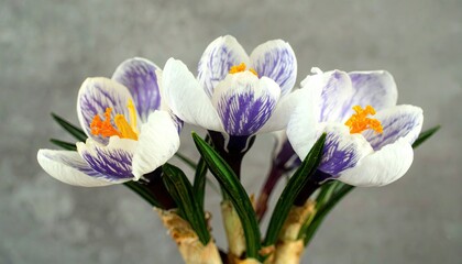 Close-up of three variegated crocus blossoms, white with purple-blue markings, against a gray stone background