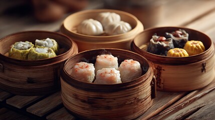 Assorted dim sum served in bamboo steamers on a wooden table, highlighting a culinary feast