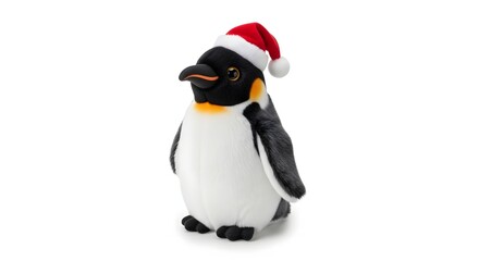 Obraz premium Adorable plush penguin soft toy wearing a festive red Christmas Santa hat, isolated on a clean white studio background