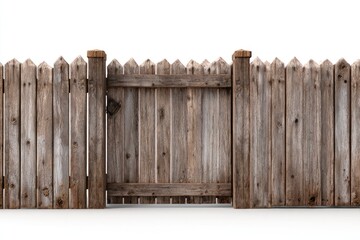 Weathered wooden fence with pointed pickets  gate in a neutral tone setting against a white background
